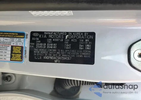 2017 Kia Sportage Lx z USA, uszkodzony, nr VIN KNDPM3AC5H7194167